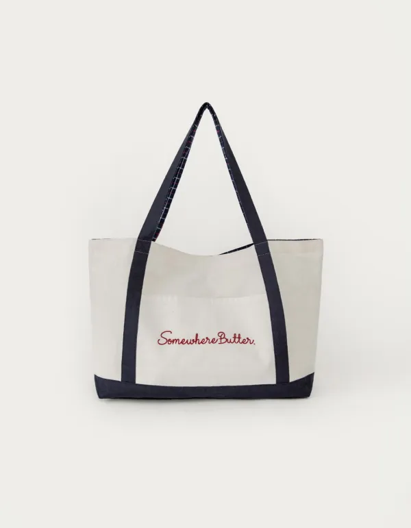 [김가을 PICK] Check Letter Reversible Bag - Ivory(Navy)