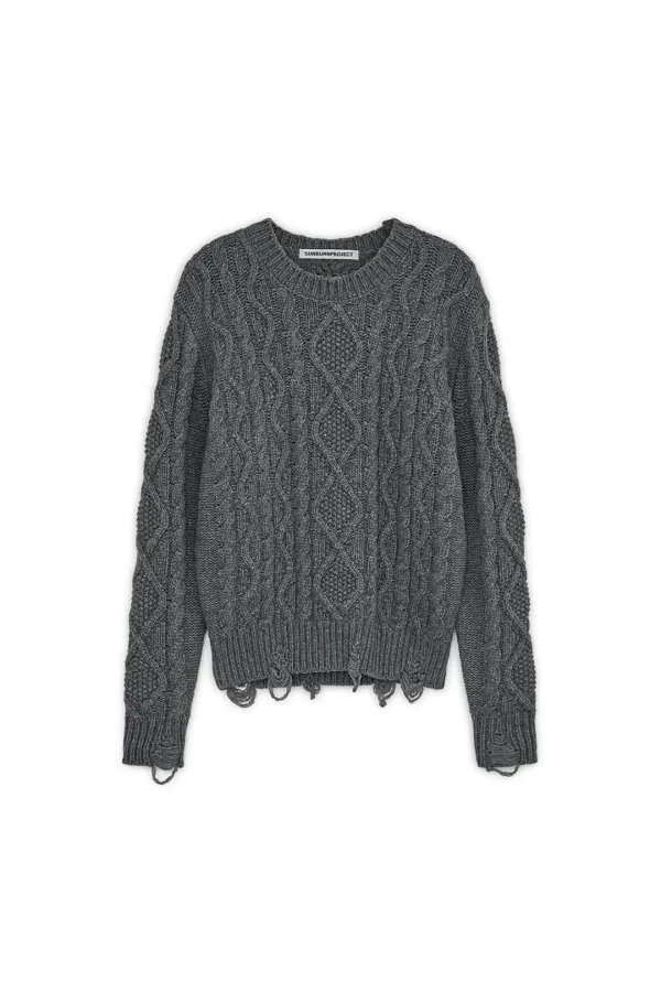 DAMAGED CABLE WOOL KNIT, CHARCOAL