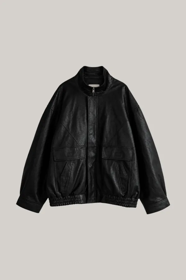 Stand Collar Faux Leather Blouson (black)