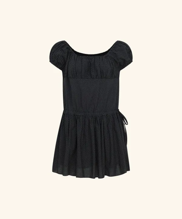 Dot Banding Shirring Mini Dress ( Black )