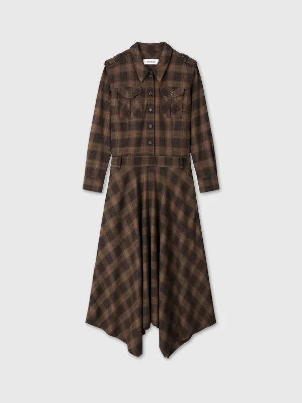 (W) CHECKED UTILITY SHIRT DRESS_ BROWN CHECK