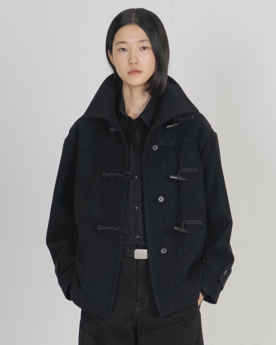 브라운야드 W Pure Wool Stand Collar Duffle Coat, Black 상품 이미지 2
