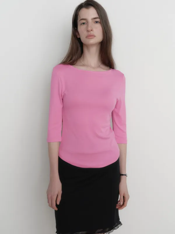 KAIA BOAT NECK 3/4 SLEEVE T-SHIRT_PINK
