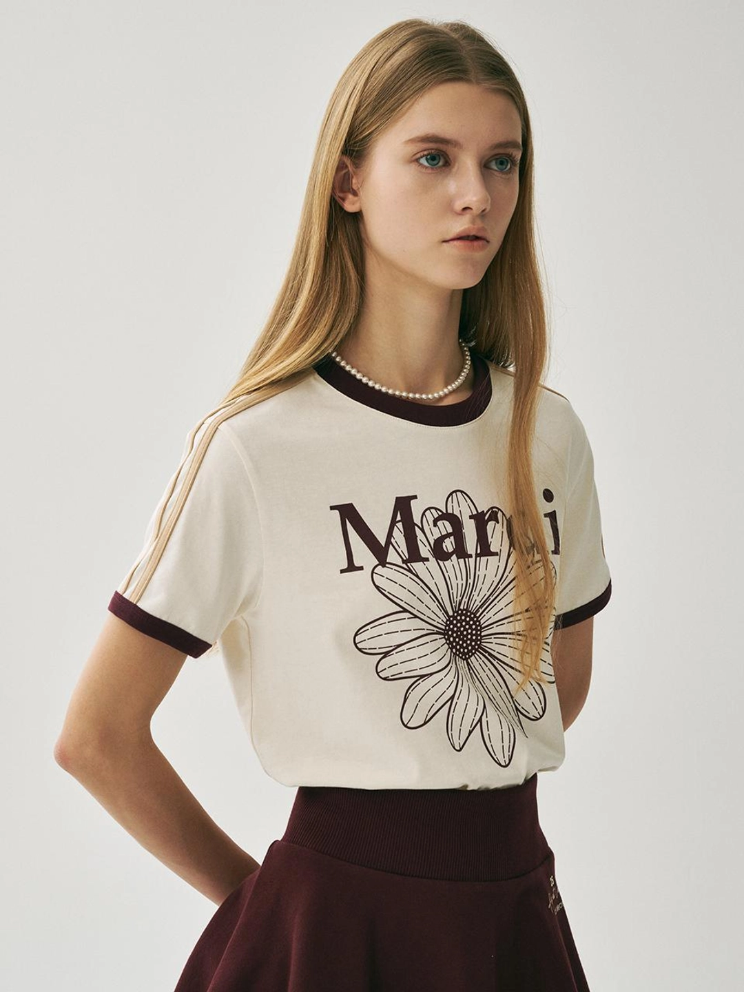 마르디 메크르디 [6/5 순차배송] SLIM RINGER TSHIRT FLOWERMARDI_CREAM BURGUNDY 상품 이미지 2