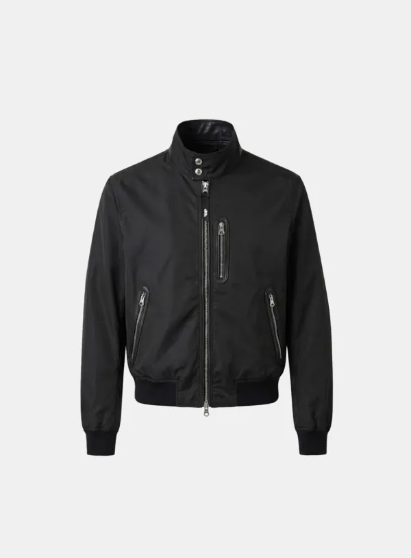 [w-jkt26-037] Contour Technical Leather Panel High-Neck Jacket - Black
