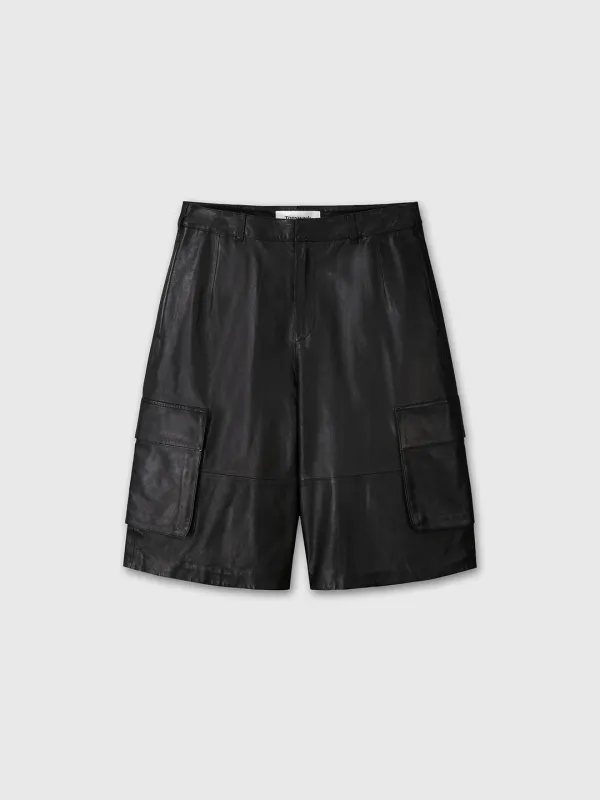 (W) LAMB LEATHER CARGO SHORTS_ BLACK
