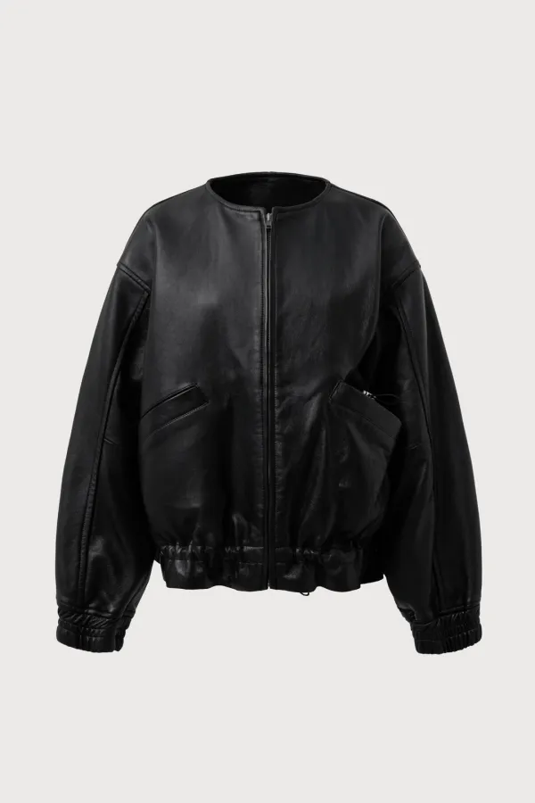Short Collarless Leather Jacket