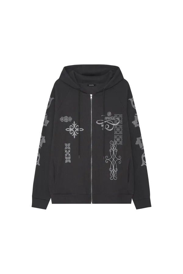 FOLK PATTERN WAFFLE ZIP-UP HOODIE (CHARCOAL)