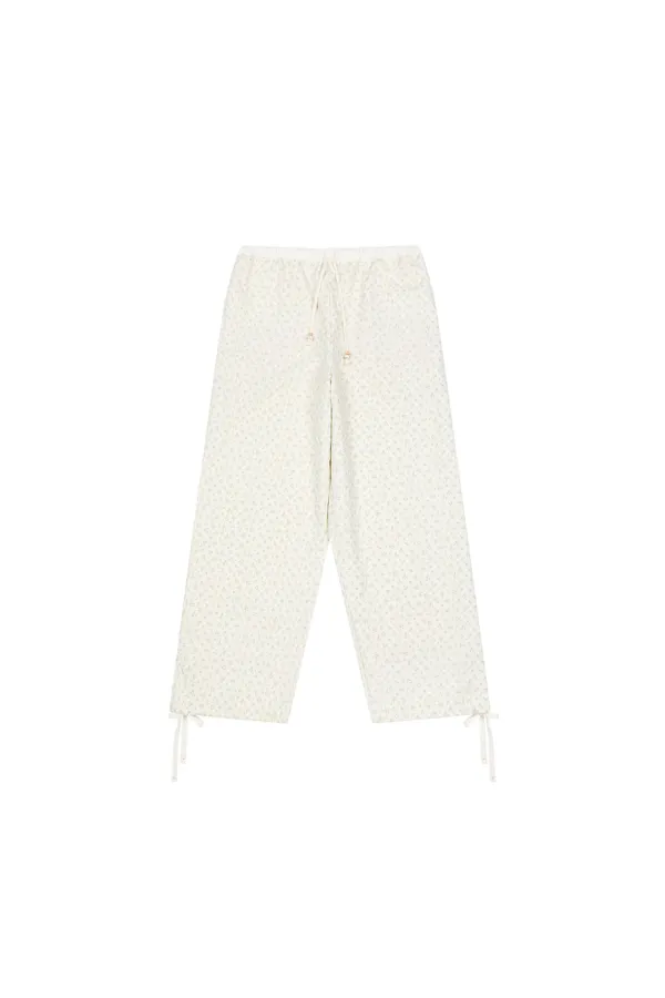 FLORAL WIDE BANDING PANTS, WHITE