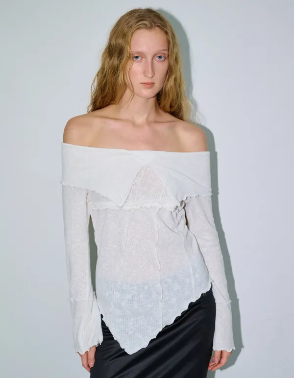 GRUNGED OFF-SHOULDER SWEATER, WHITE