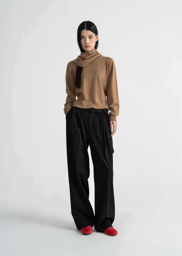 (UNI) TWILL PLEATED WIDE PANTS - BLACK