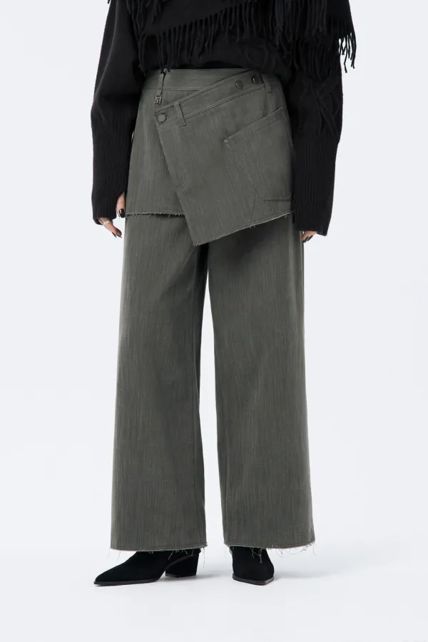 Wrap Skirt Overlay Pants [ Khaki Gray ]