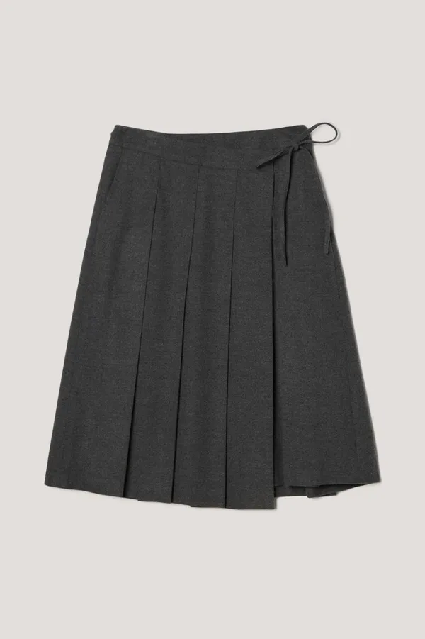 RIBBONED WIDE PLEATS SKIRT MELANGE GREY