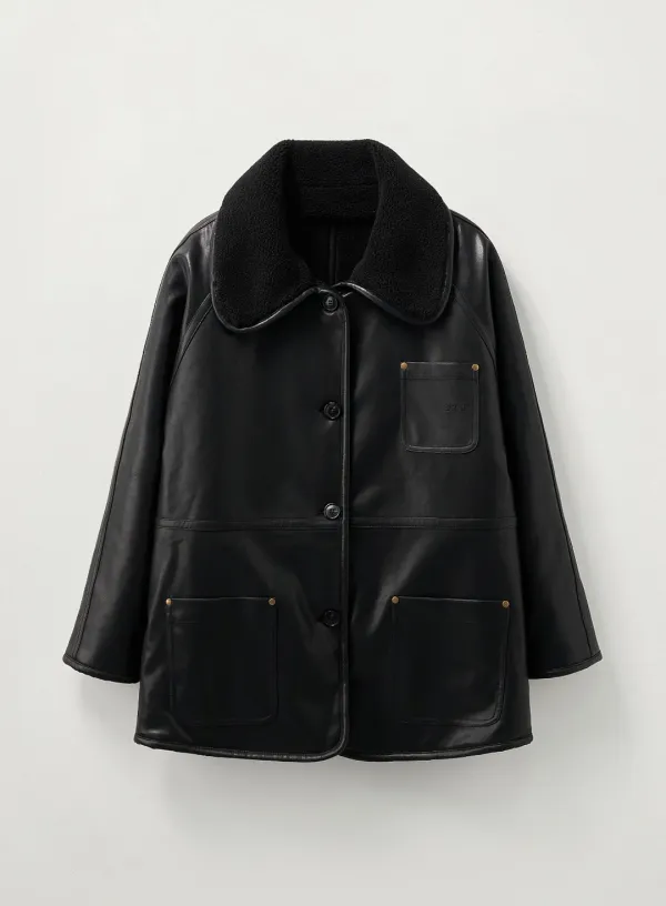 (W) Reversible Synthetic Shearling Loose Fit Jacket - Black