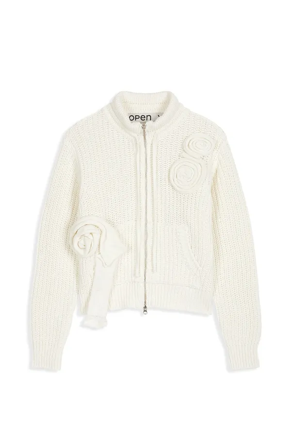 APPLIQUÉ KNIT ZIPUP JACKET, WHITE