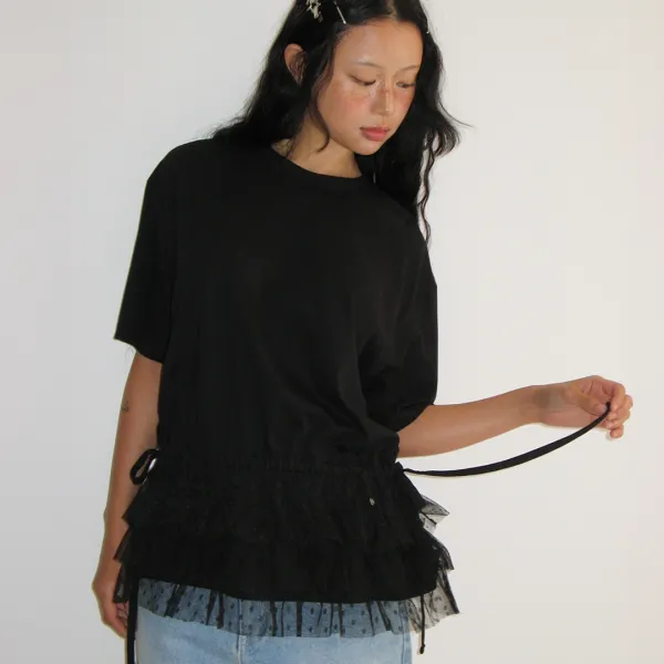 DOUBLE LAYERED SHIRRING SHORT T SHIRT BLACK