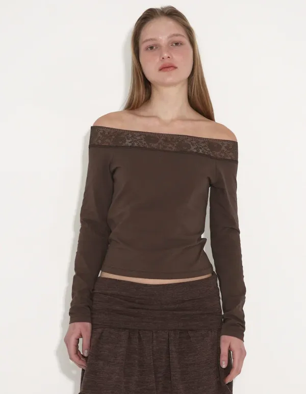 LACED OFF-SHOULDER JERSEY TOP, BROWN