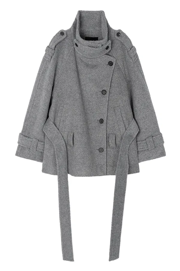 High-Neck Convertible Belted Half Coat [ Gray ]