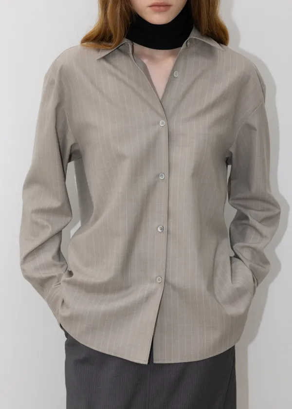 [Exclusive] 3rd/ Wool Stripe Shirt in Ash Beige