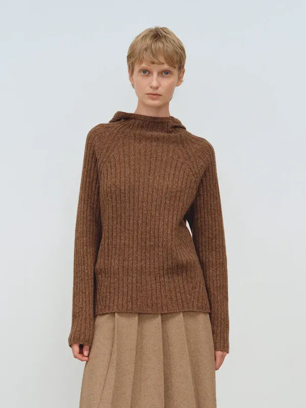 TFW WOOL HOODED RIBBED KNIT TOP_BROWN