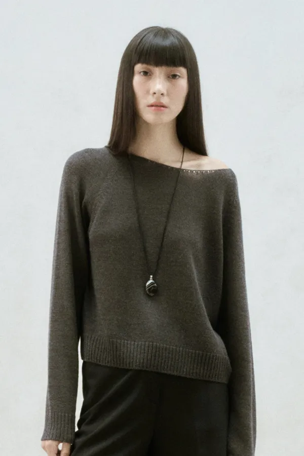 ROUND NECK SHEER KNIT TOP CHARCOAL GRAY