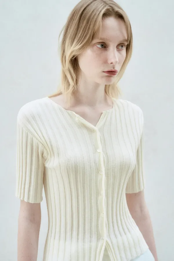 HALF SLEEVE RIBBED CARDIGAN VANILLA