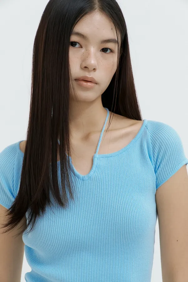 Strap Neck Ribbed Knit Top (sky blue)