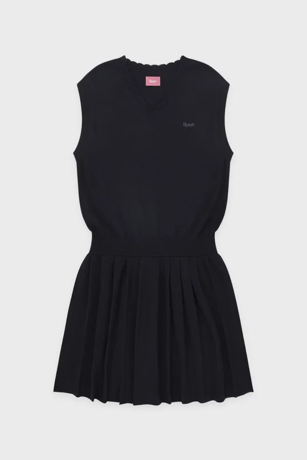 Wool-Blend Pleated Knit Dress (Navy)