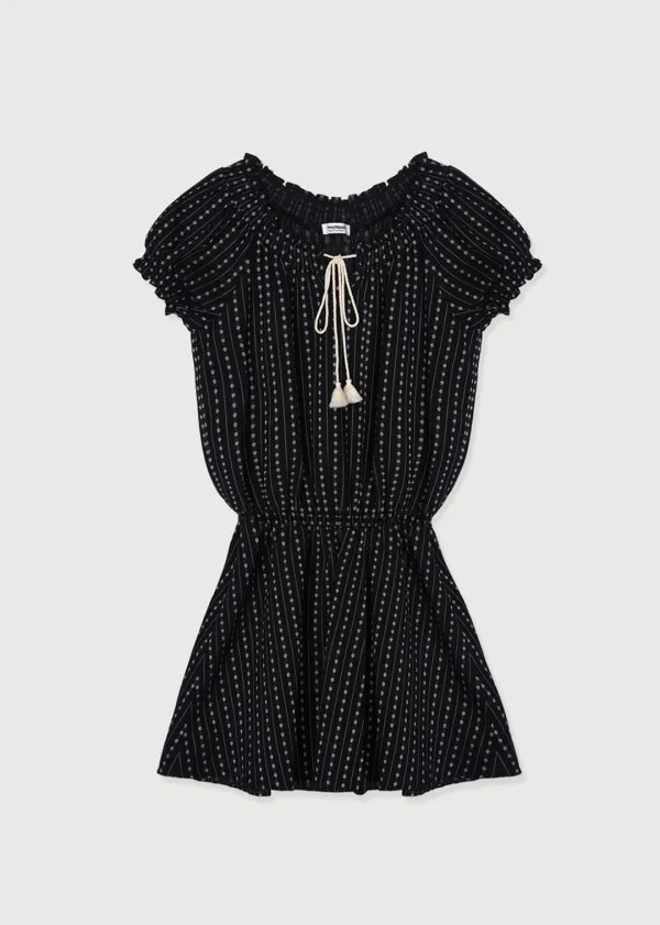 TASSEL FLORAL EMBROIDERY DRESS - BLACK