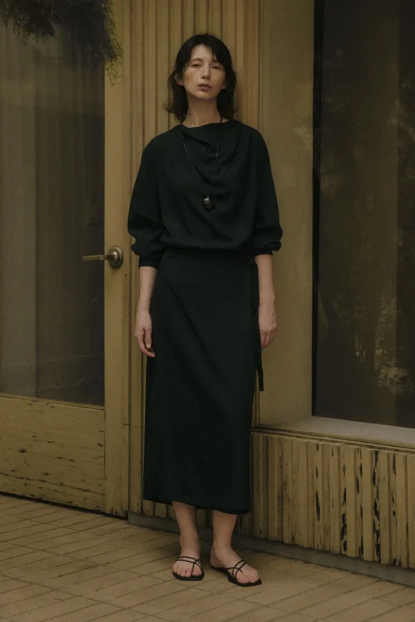 RIVEL COWL-NECK WRAP LONG DRESS_NAVY