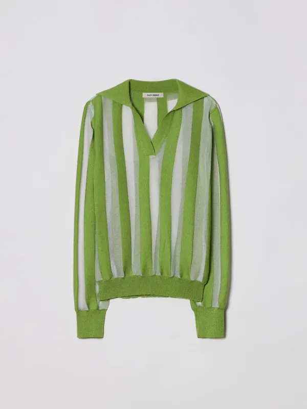 STRIPE OPEN COLLAR KNIT [GREEN]