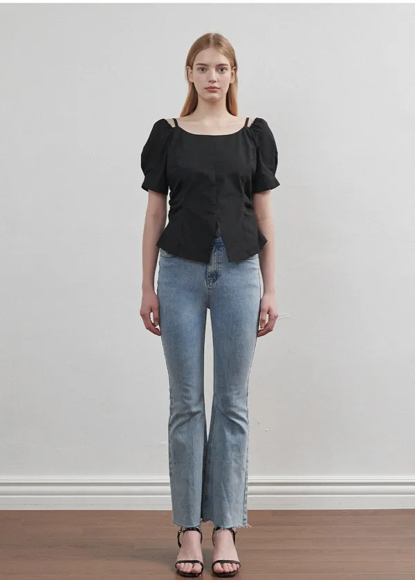  [44-120]  Felicity Puff Slit Blouse  펠리서티 퍼프 슬릿 블라우스 (여름-하객룩-격식룩-오피스룩-출근룩-데일리룩-데이트룩-페미닌-유니크-오프숄더-밴딩핀턱-셔링-빅사이즈-자체제작) 