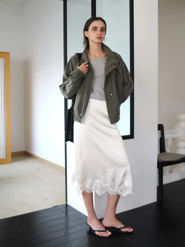 Satin lace long skirt (크림)