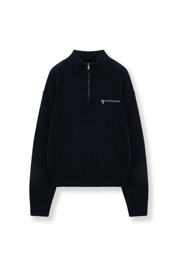 BACK LOGO HALF KNIT ZIP UP PULLOVER FOR WOMEN IN NAVY