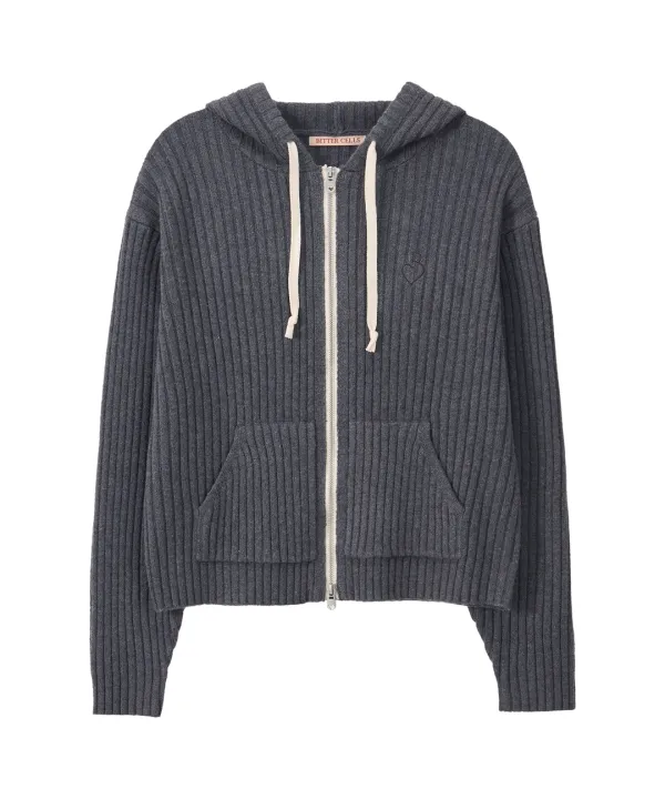 Essential Ribbed Knit Hood Zip Up-Charcoal