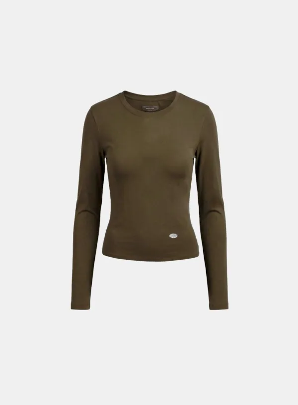 [w-tee26-033] Sleek Cotton Long Sleeve T-Shirt - Khaki Brown