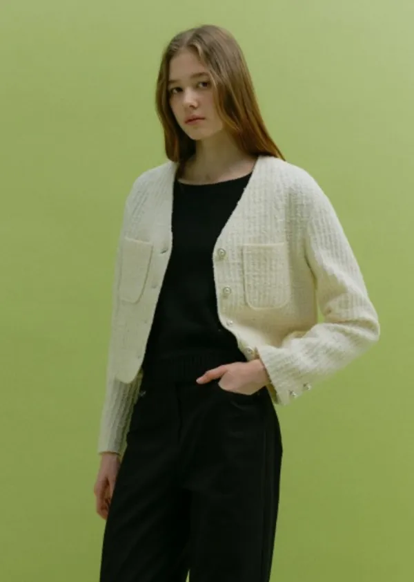 V-NECK POCKET TWEED JACKET (sand ivory)