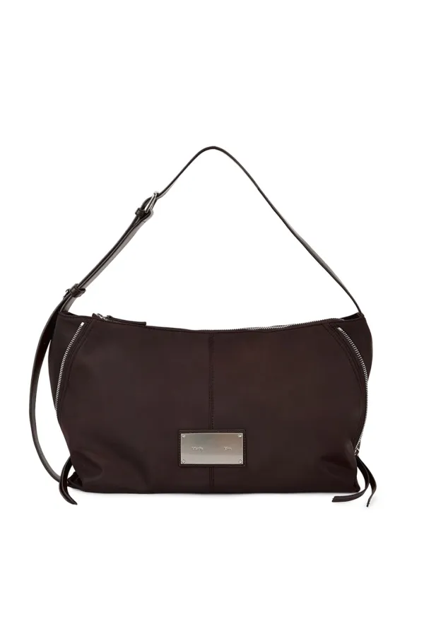 SIDE ZIPPER FABRIC SHOULDER BAG IN BROWN
