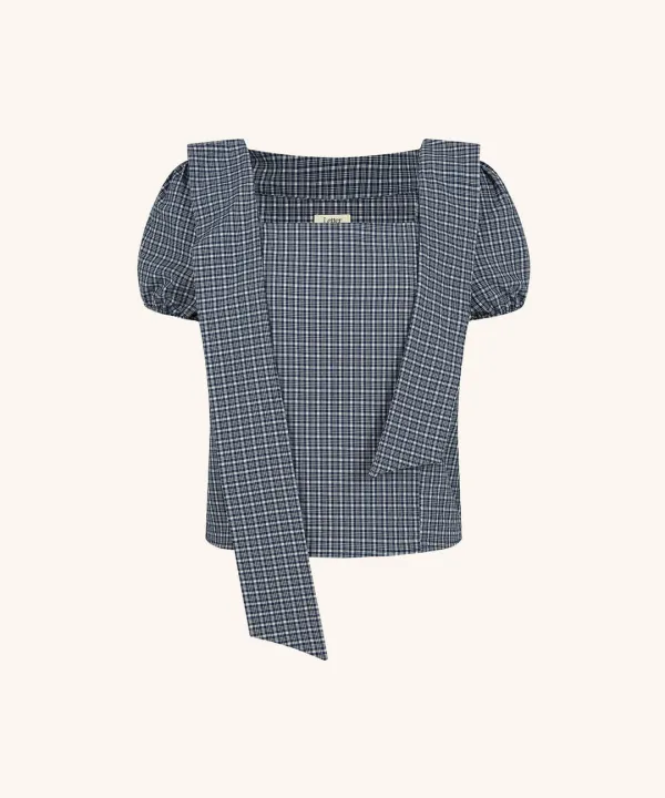 [6/5 순차배송] Salty Ribbon Half Blouse (Navy)