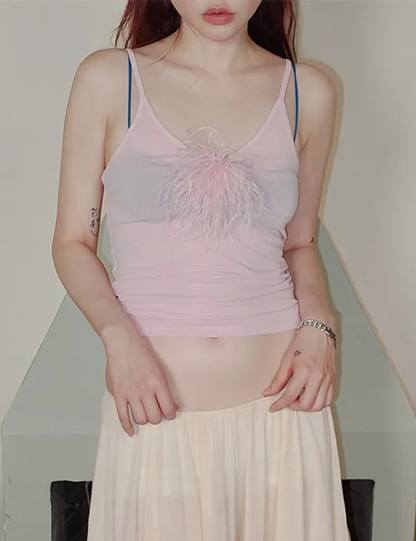 sheer feather brooch camisole