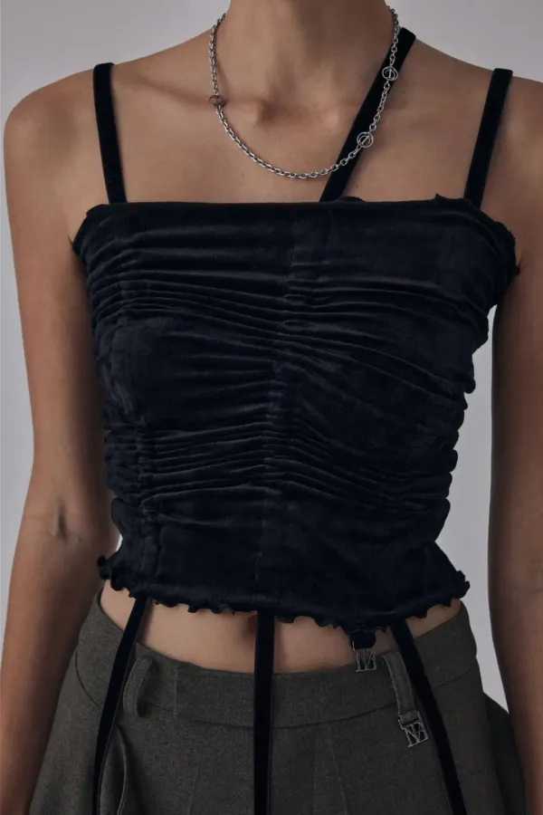 Velvet String Shirring Layered Top [ Black ]