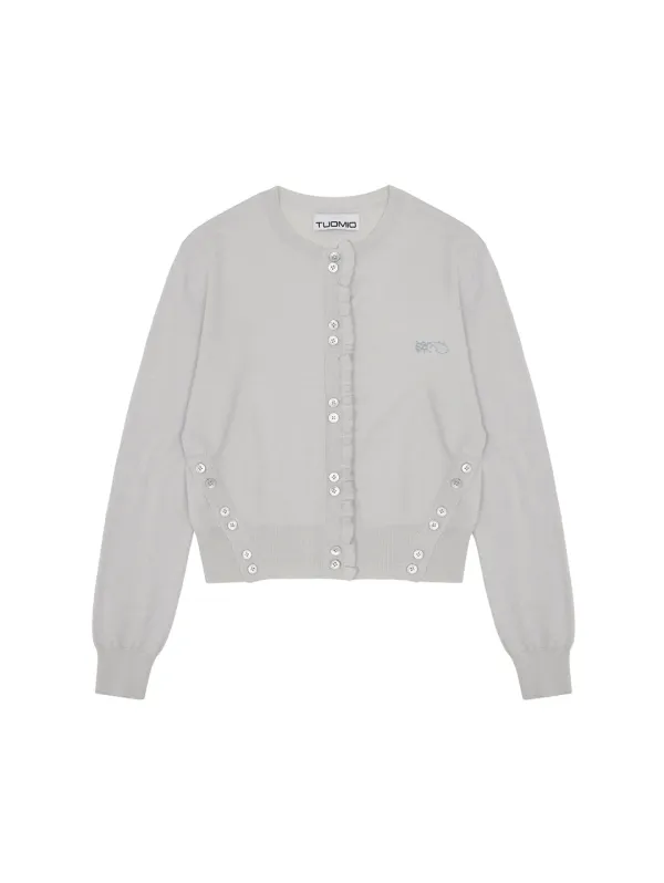 SIDE BUTTON RUFFLE CARDIGAN [LIGHT GREY]