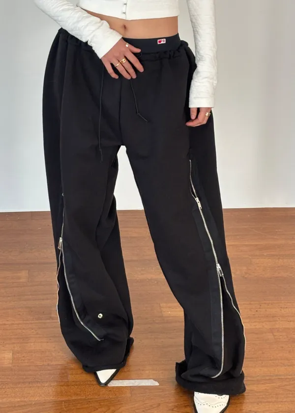Black Raw Zippered Sweat Pants