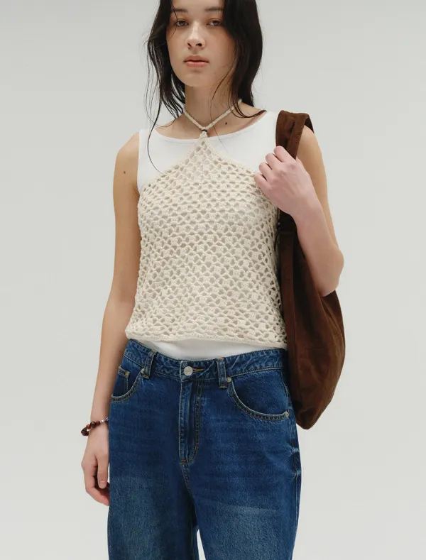 HALTER NECK CROCHE KNIT TOP [IVORY]