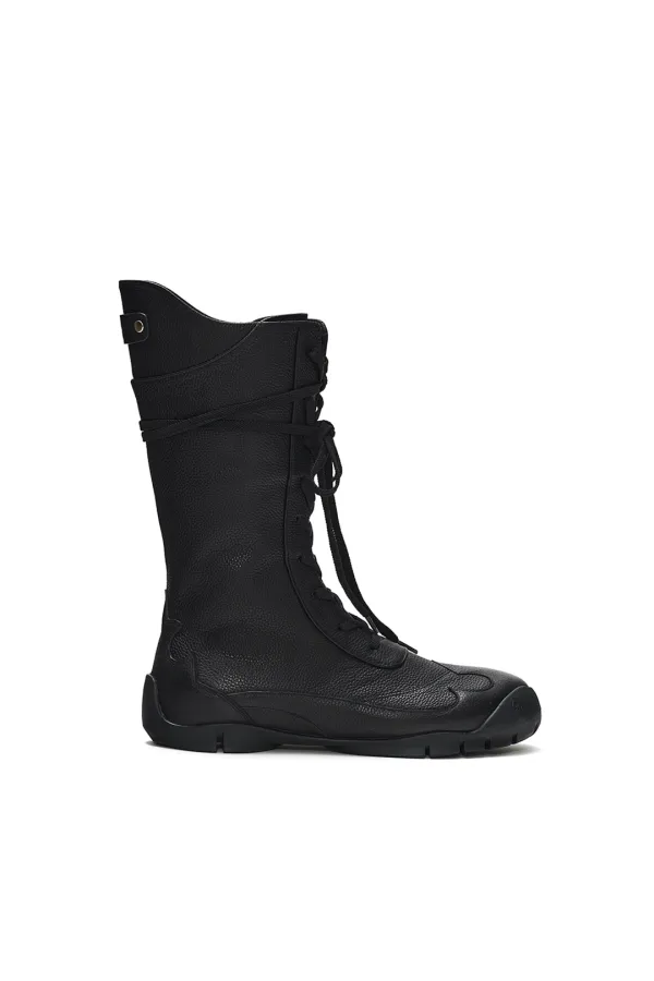 WESTERN COW LEATHER LACE UP BOOTS, BLACK