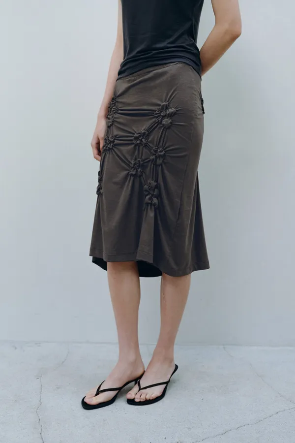 FLORAL SHIRRED MIDI SKIRT, BROWN