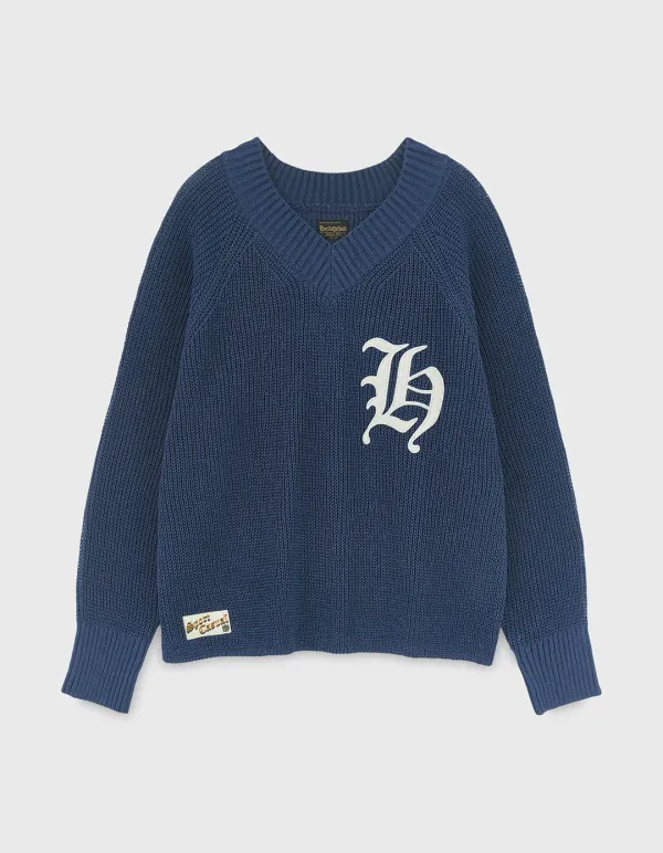 H LETTER LINEN V-NECK / Ocean Blue