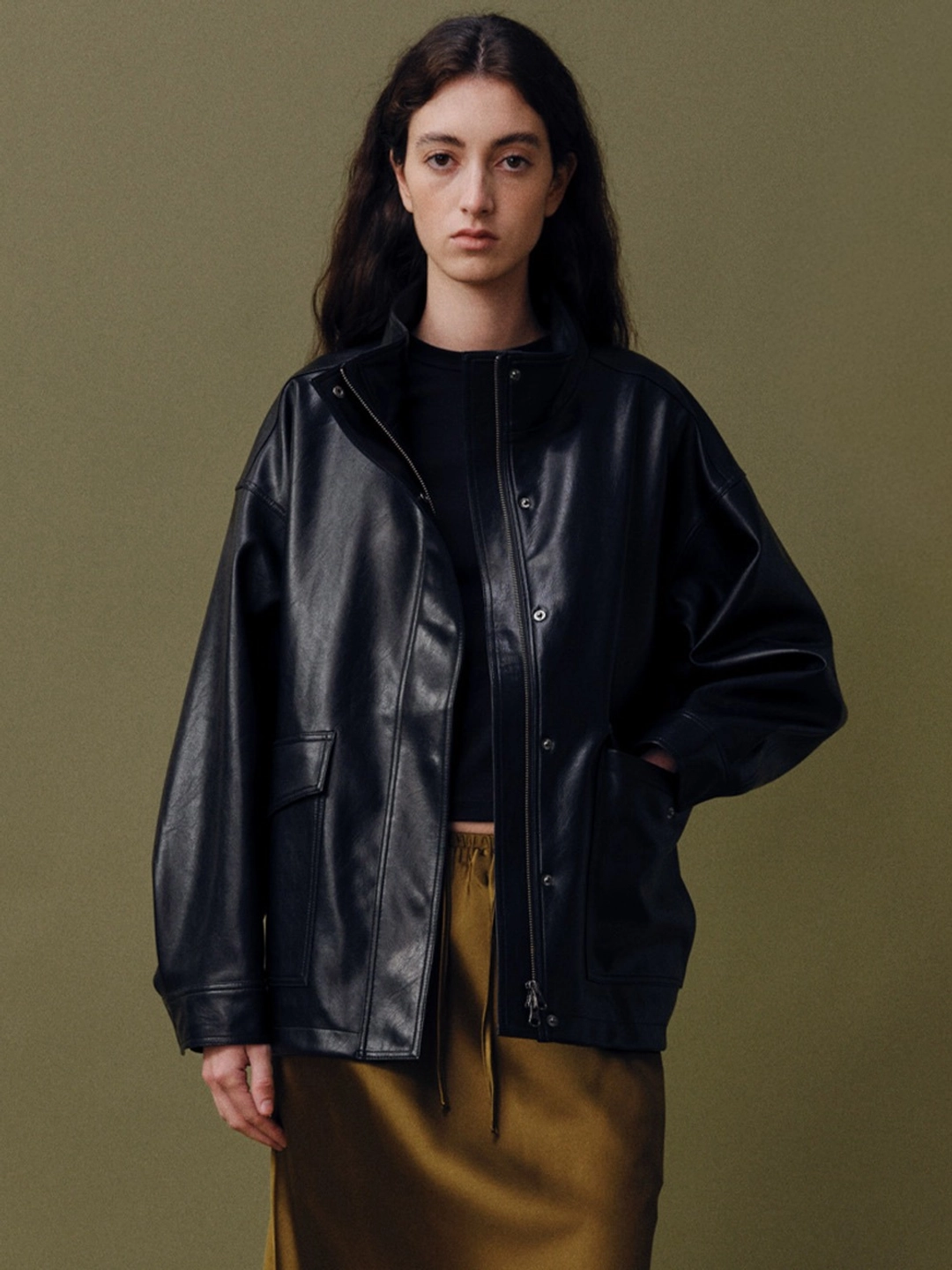베이오드 High neck faux leather jacket_black 상품 이미지 1