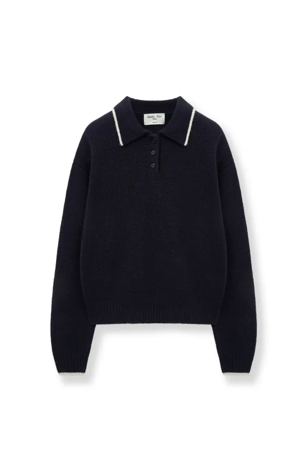 BACK LOGO COLLAR KNIT TOP FOR WOMEN IN DARK NAVY