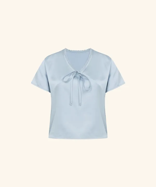 [5/28 순차배송] Satin V-neck Ribbon Top ( Sky blue )